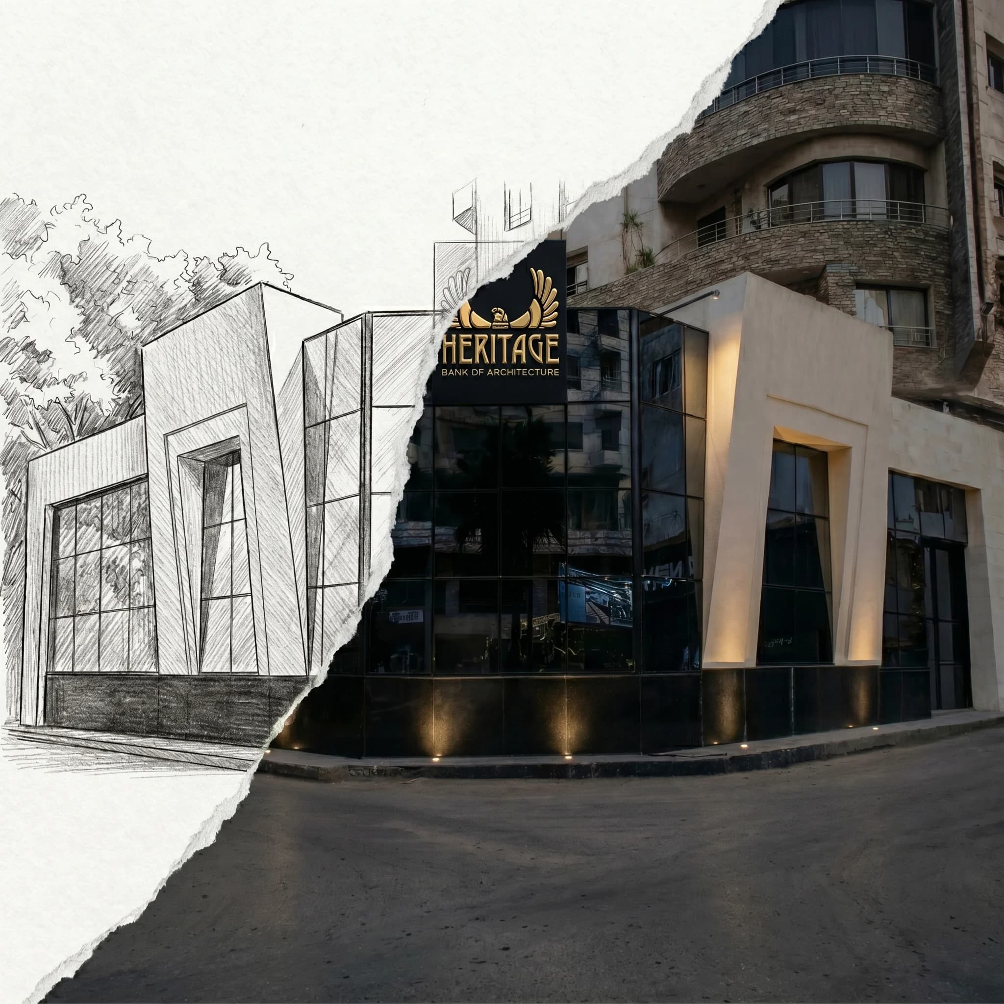 Blended image showing the Heritage headquarters from design concept to built reality